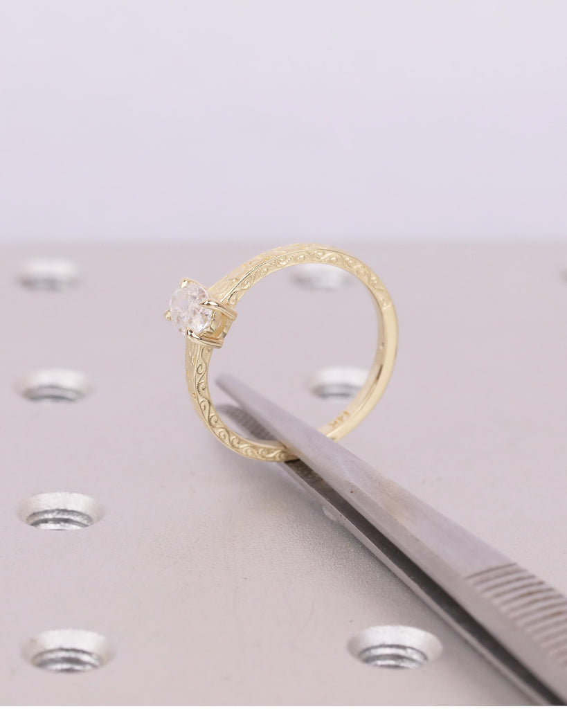Oval Moissanite Engagement Ring in 14k Yellow Gold, Scrollwork Band, Minimalist Anniversary Ring image #19