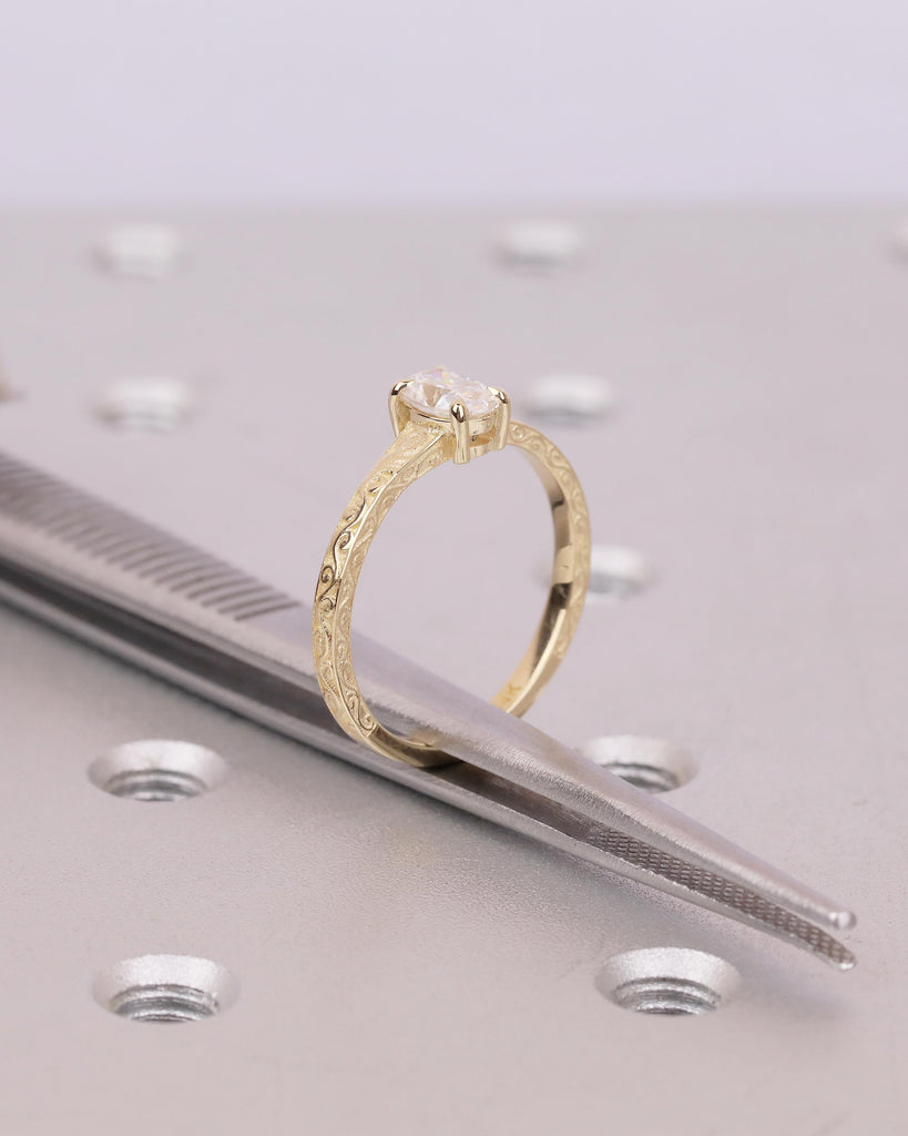 Solitaire Lab Grown Diamond Ring, Oval Engagement Ring, Vintage Inspired 14k Yellow Gold Wedding Anniversary Rings, Carved Filigree Band image #14