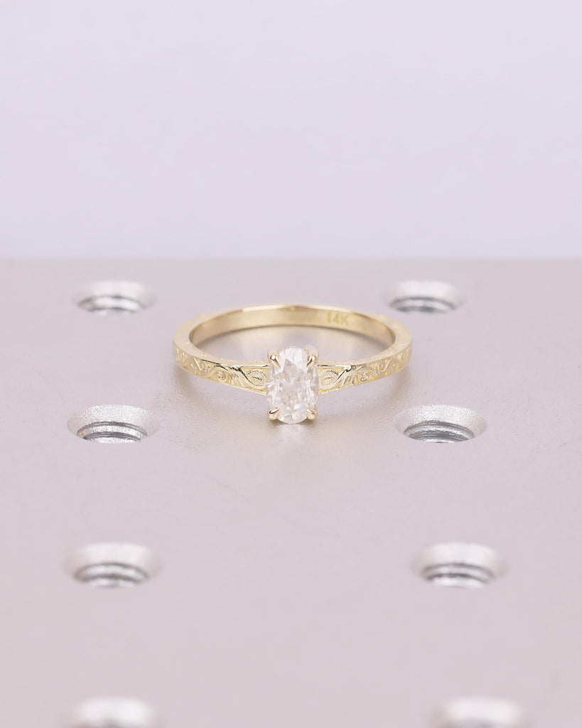 Oval Moissanite Engagement Ring in 14k Yellow Gold, Scrollwork Band, Minimalist Anniversary Ring image #2