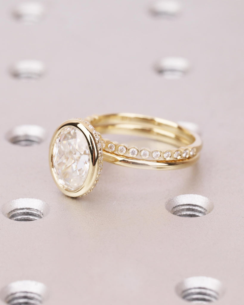 Oval Moissanite Bridal Ring Set: Bezel Engagement Ring, Hidden Halo, Half Eternity Bezel Wedding Band, 14K Solid Gold Engagement Ring Set image #3