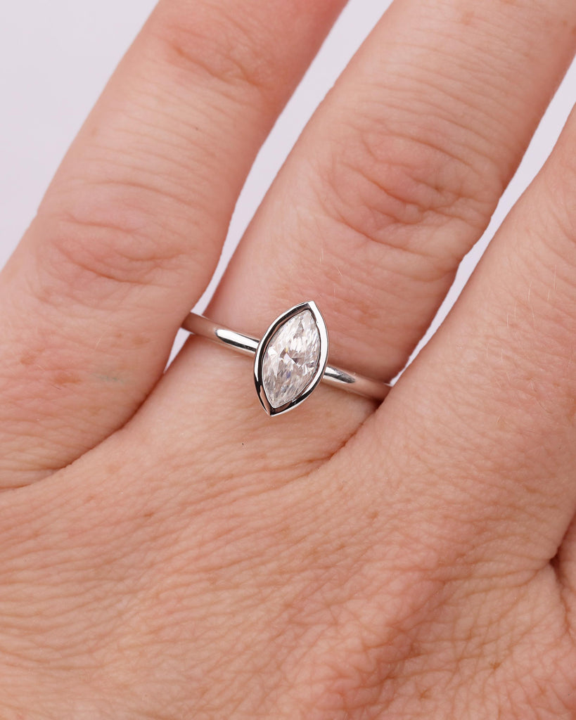 Marquise Moissanite Engagement Ring, Solitaire White Gold Ring, Dainty Promise Rings for Women, Unique Bezel Setting Ring, Bridal Jewelry image #13