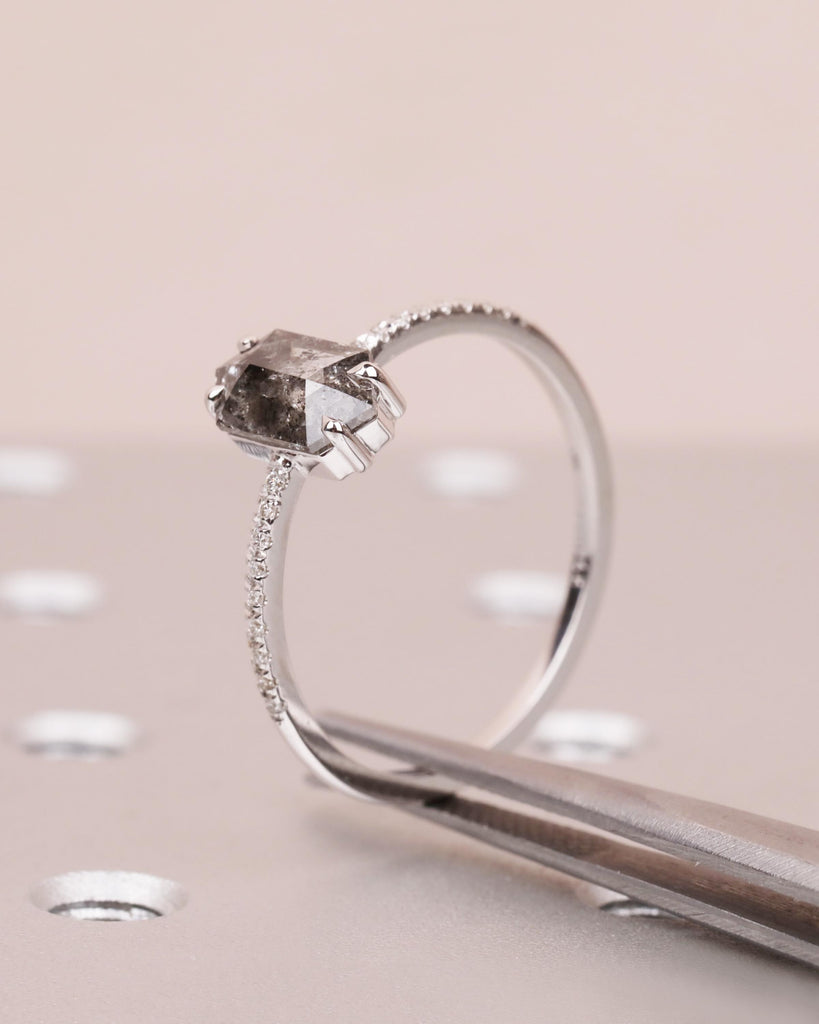 Art Deco Hexagon Salt and Pepper Diamond Ring, 14k Solid Gold Dainty Engagement Ring, Pave Diamond Band, Claw Prong Alternative Wedding Ring