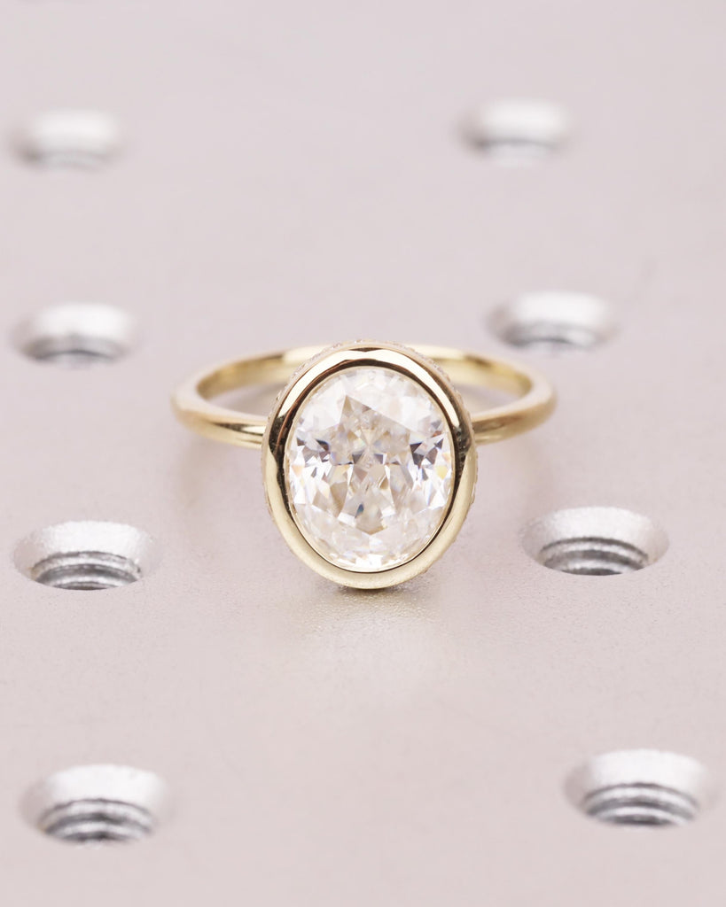 2.5CT Oval Lab Grown Diamond Ring, Hidden Halo Bezel Engagement Ring, IGI Certified Crushed Ice Diamond Wedding Ring, Solid Gold Ring image #3