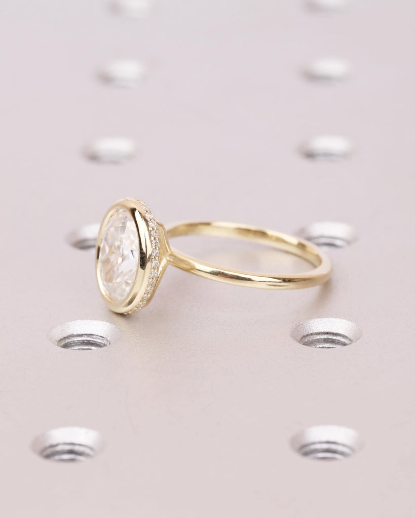 Oval Lab Diamond Engagement Ring, Solitaire Bezel Ring with Hidden Halo, Crushed Ice Oval Ring, Solid Gold Bridal Promise Ring image #6