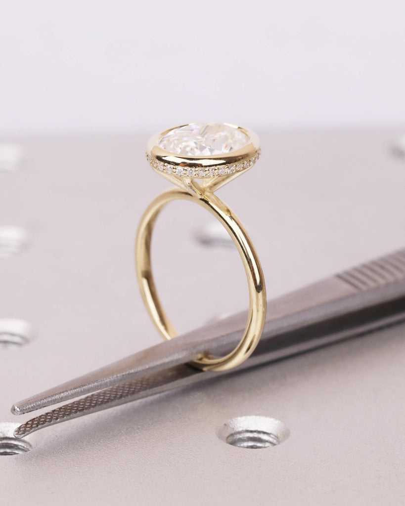 Oval Lab Grown Diamond Ring | Hidden Halo Bezel Engagement Ring | Crushed Ice Diamond Wedding Ring | IGI Certified | Solid Gold Promise Ring image #9