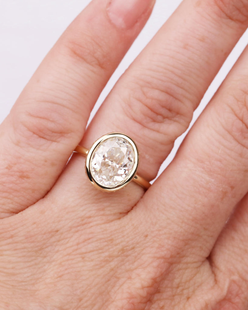 Oval Lab Grown Diamond Ring | Hidden Halo Bezel Engagement Ring | Crushed Ice Diamond Wedding Ring | IGI Certified | Solid Gold Promise Ring image #2