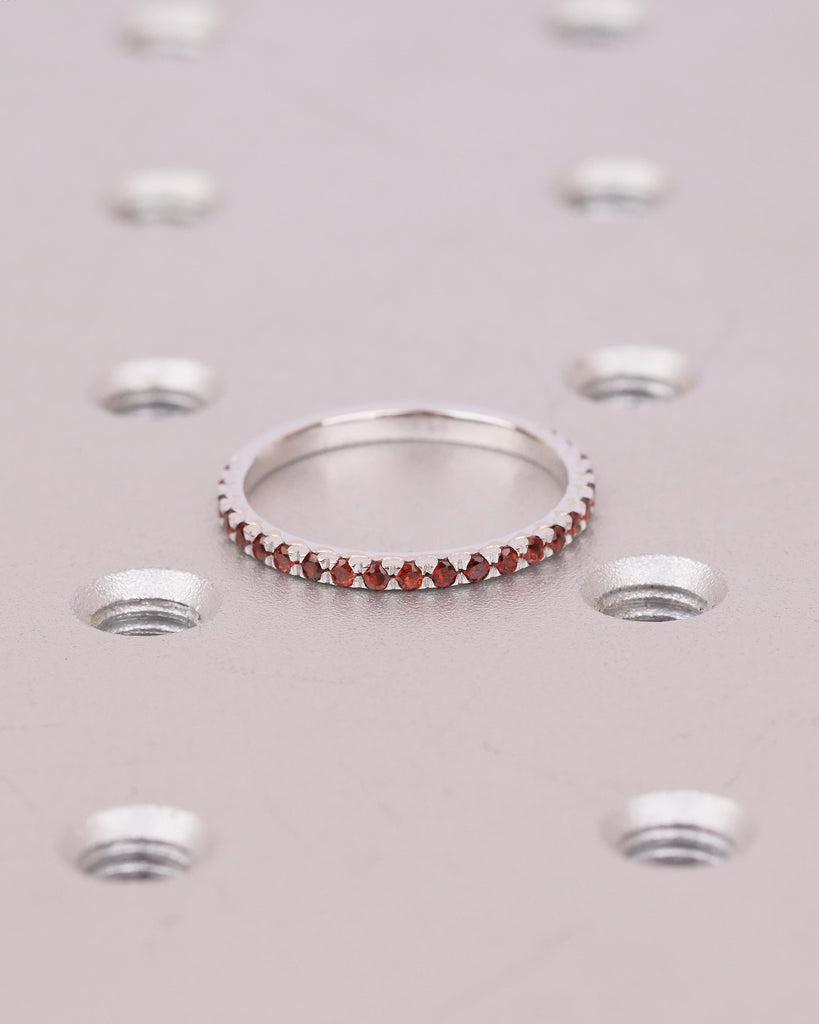 Garnet Wedding Band Women, Dainty 14k White Gold Matching Rings, Unique January Birthstone Ring for Her, Half Eternity Red Gemstone Jewelry image #8