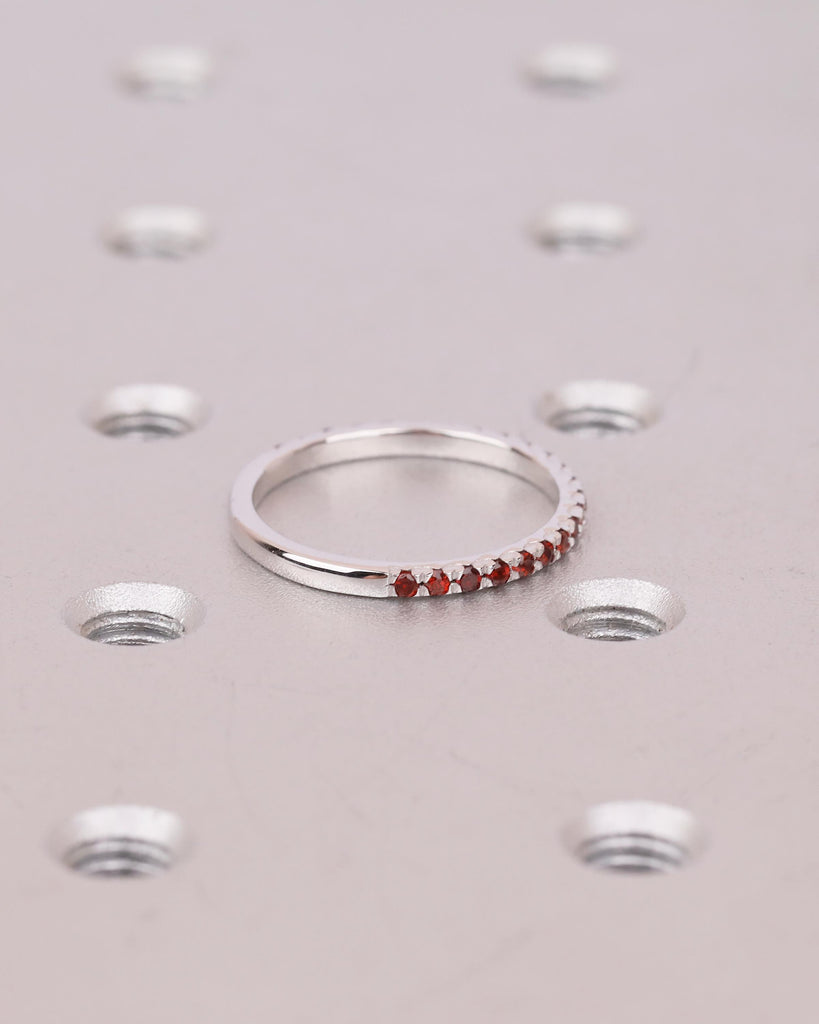 Garnet Wedding Band Women, Dainty 14k White Gold Matching Rings, Unique January Birthstone Ring for Her, Half Eternity Red Gemstone Jewelry image #4