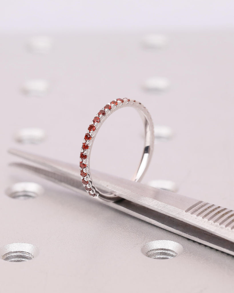 Garnet Wedding Band Women, Dainty 14k White Gold Matching Rings, Unique January Birthstone Ring for Her, Half Eternity Red Gemstone Jewelry image #11