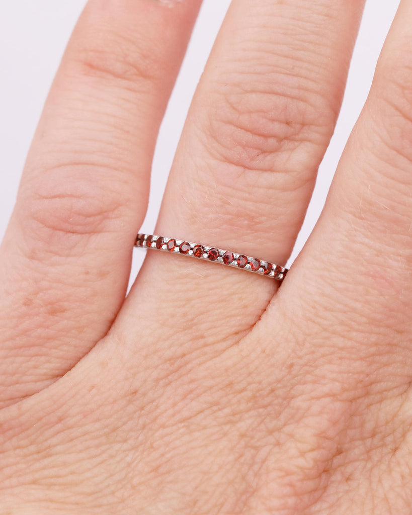 Garnet Wedding Band Women, Dainty 14k White Gold Matching Rings, Unique January Birthstone Ring for Her, Half Eternity Red Gemstone Jewelry image #2