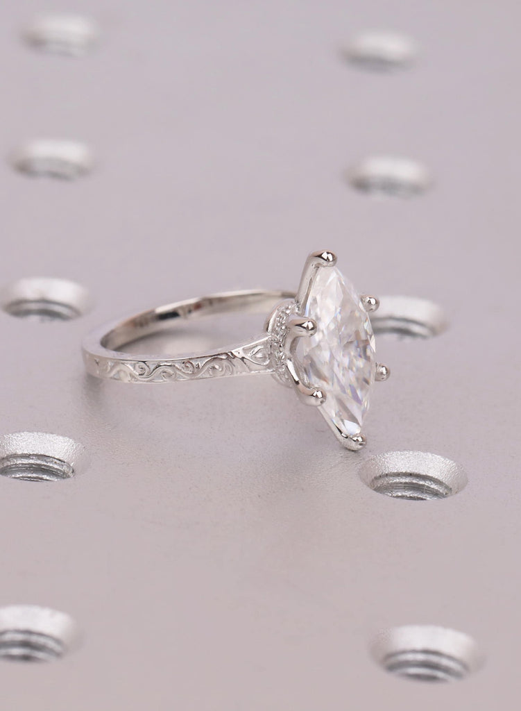 Marquise Moissanite Ring, Hidden Halo Engagement Ring, Vintage Scroll Engraved Band 14k/18k Gold Platinum, Filigree Ring, Unique Bridal Ring image #4