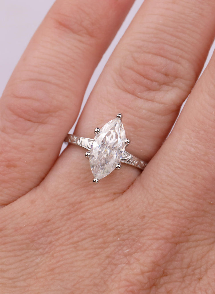 Marquise Moissanite Ring, Hidden Halo Engagement Ring, Vintage Scroll Engraved Band 14k/18k Gold Platinum, Filigree Ring, Unique Bridal Ring image #2