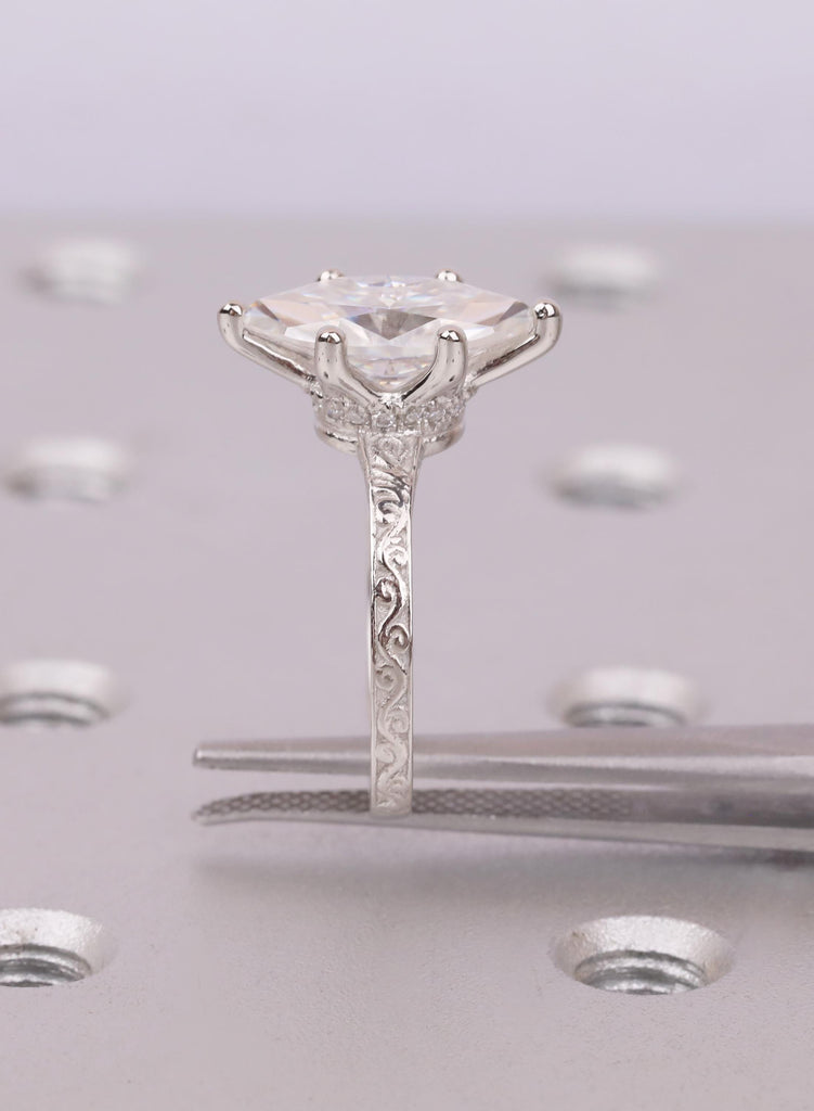 Marquise Lab Diamond Engagement Ring, Hidden Halo, Vintage Filigree Platinum Band image #13