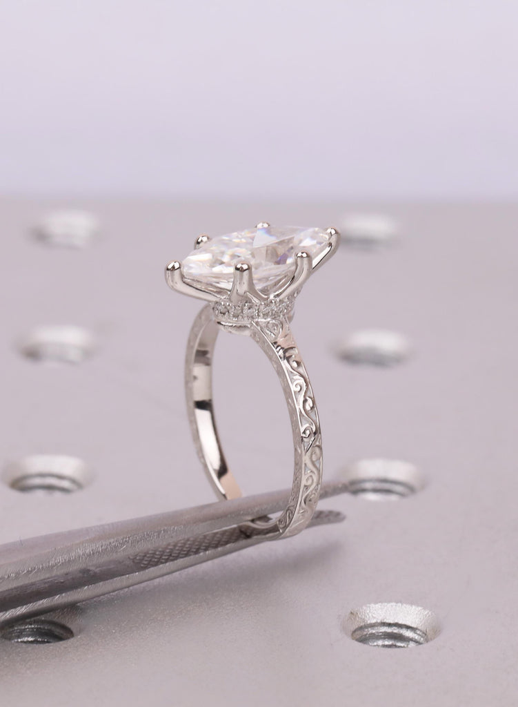 Marquise Lab Diamond Engagement Ring, Hidden Halo, Vintage Filigree Platinum Band image #12
