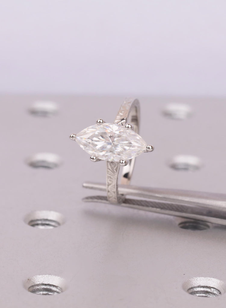 Marquise Lab Diamond Engagement Ring, Hidden Halo, Vintage Filigree Platinum Band image #3