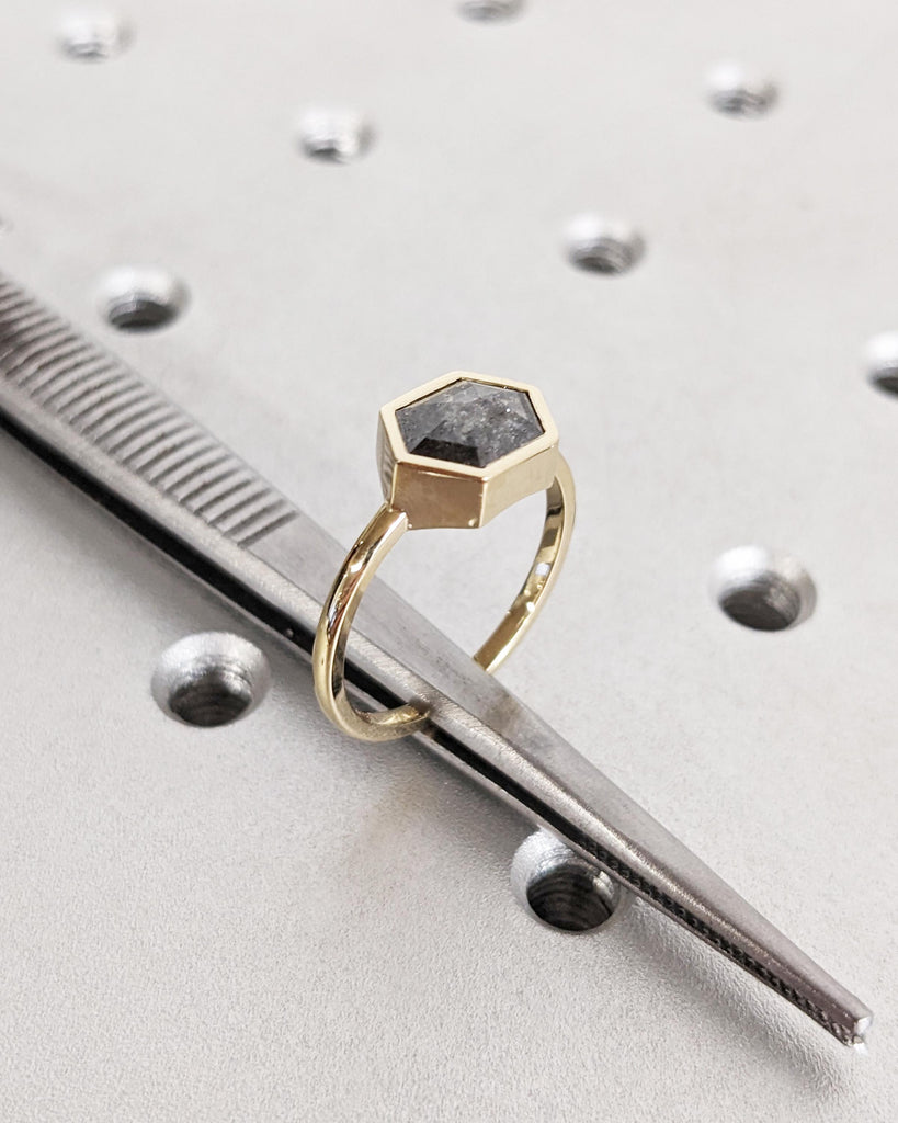 East West Hexagon Salt and Pepper Diamond Ring, 14k Gold Engagement Ring, Bezel Solitaire Ring, Promise Ring, Unique Engagement Ring