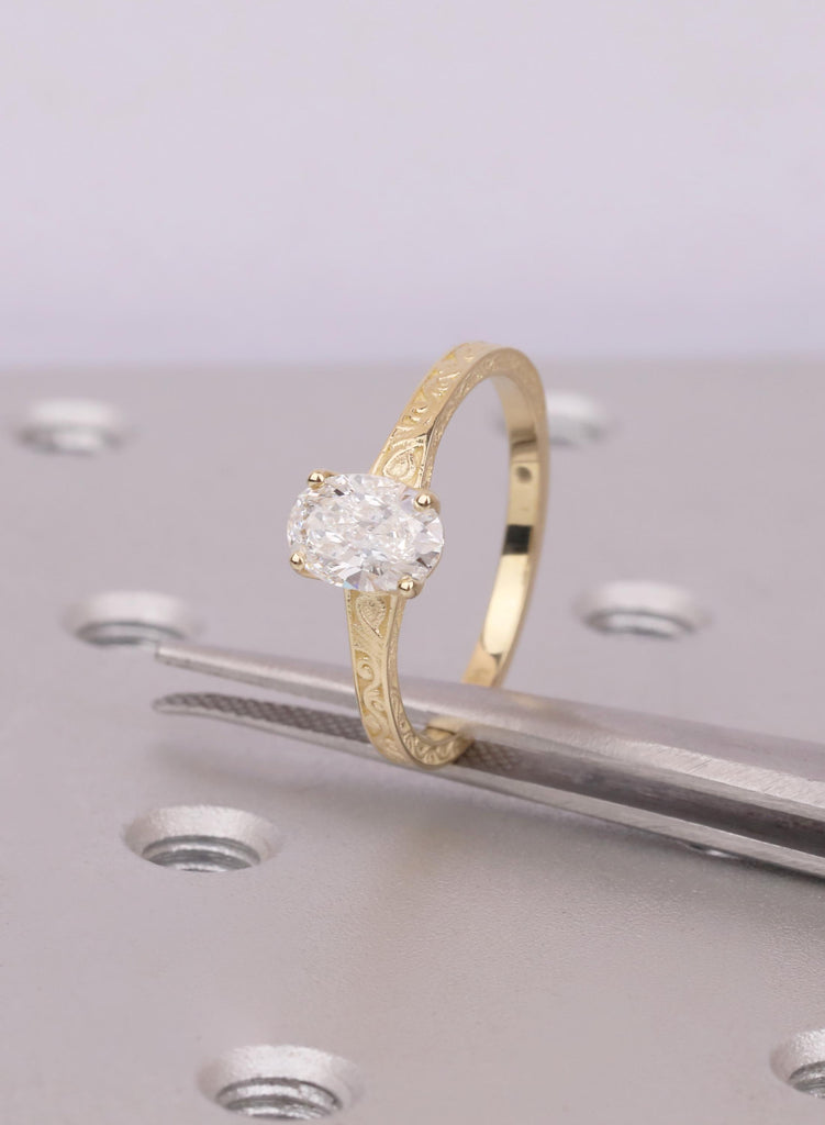 Oval Lab Grown Diamond Engagement Ring, 14k Gold Filigree Vintage Style Ring