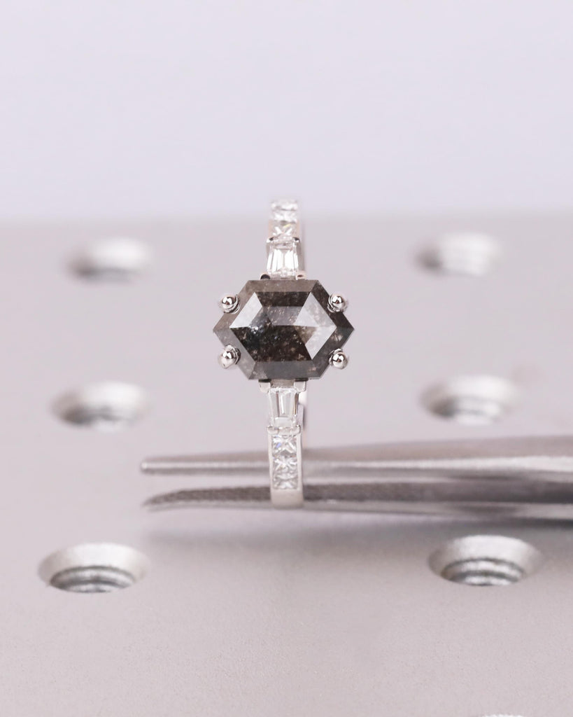 Salt and Pepper Diamond Hexagon Ring, 14K Gold Art Deco Engagement Ring, Princess and Tapered Diamond Baguette Accents, Unique Promise Ring image #4