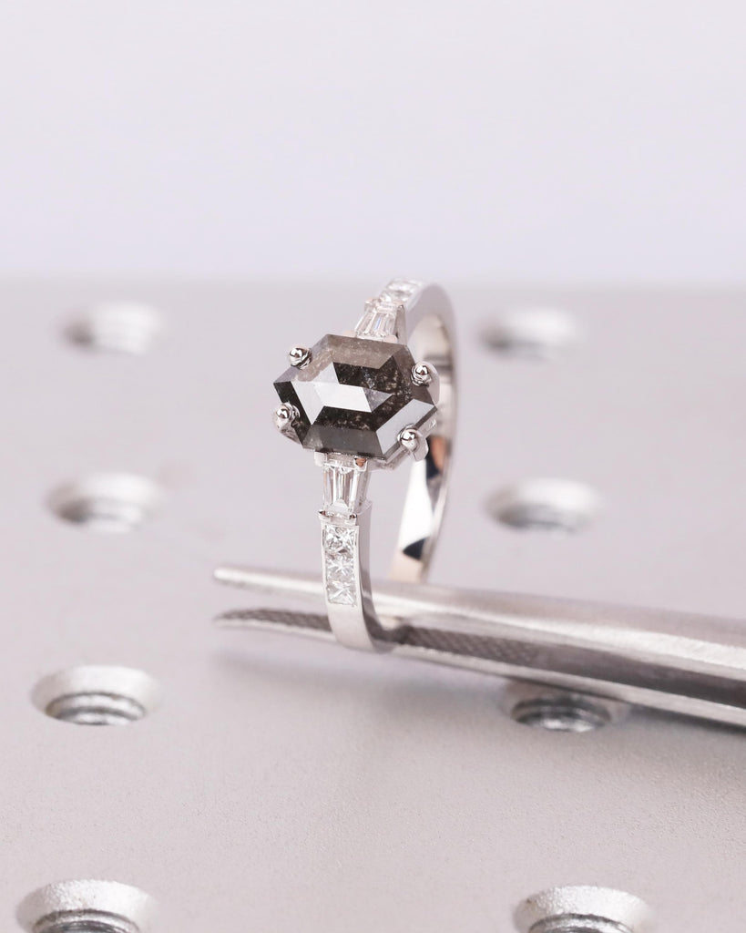 Salt and Pepper Diamond Hexagon Ring, 14K Gold Art Deco Engagement Ring, Princess and Tapered Diamond Baguette Accents, Unique Promise Ring image #3