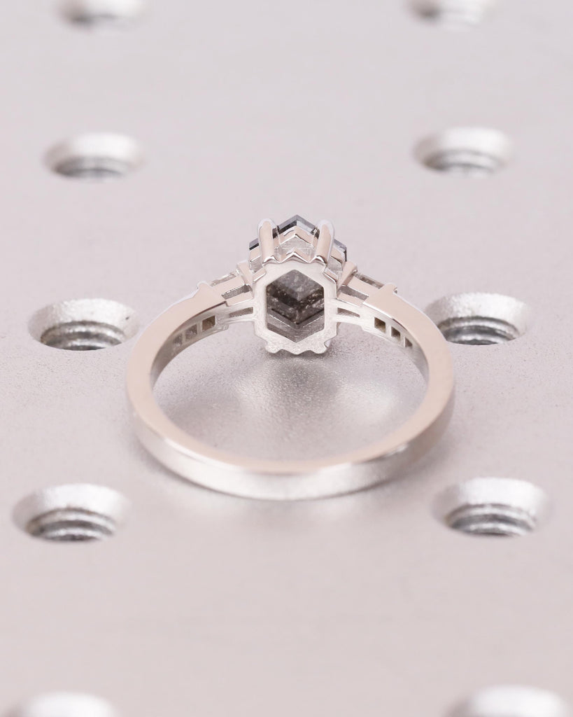14K Solid Gold Vintage Salt and Pepper Diamond Engagement Ring | Princess Cut and Tapered Baguette Side Stones | Unique Promise Ring for Her image #5