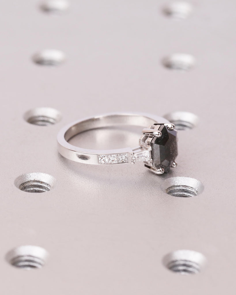 Salt and Pepper Diamond Hexagon Ring, 14K Gold Art Deco Engagement Ring, Princess and Tapered Diamond Baguette Accents, Unique Promise Ring image #5