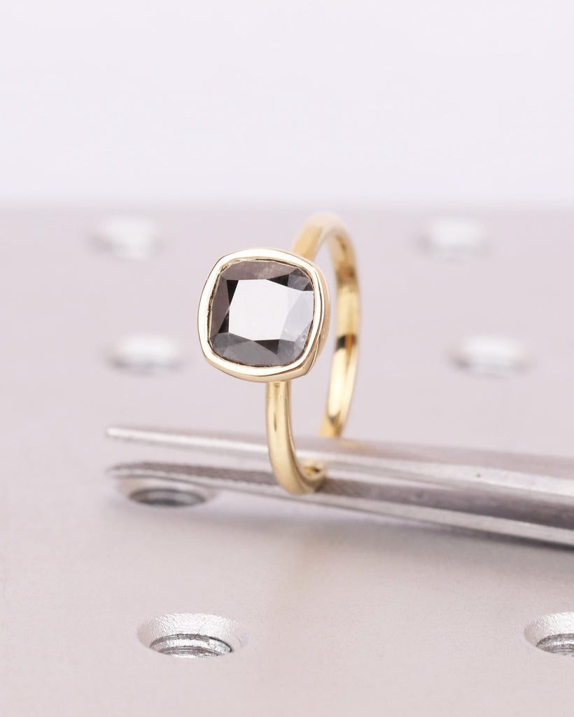 Galaxy Salt and Pepper Diamond Engagement Ring, Solitaire Bezel Ring, Cushion Cut Ring, Dainty Promise Ring, Wedding Rings for Women image #4