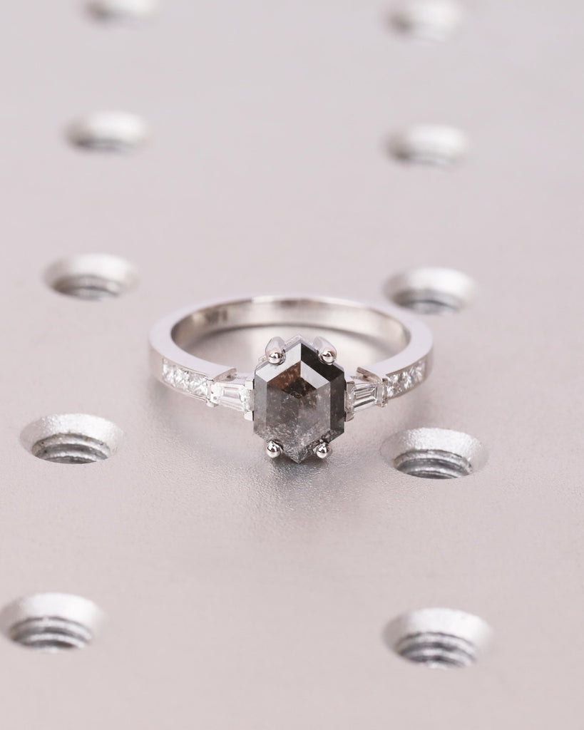 Salt and Pepper Diamond Hexagon Ring, 14K Gold Art Deco Engagement Ring, Princess and Tapered Diamond Baguette Accents, Unique Promise Ring image #1