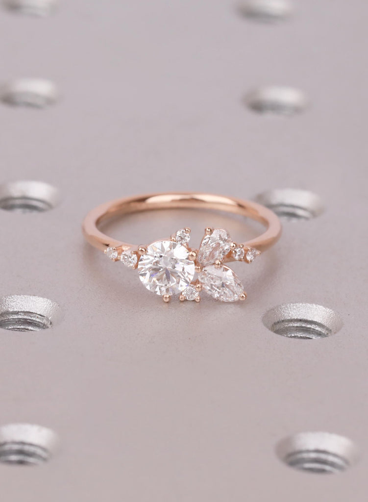 Round Pear 14K/18K Gold Cluster Engagement Ring 14k Rose Gold Leaf Bridal Ring Wedding Jewelry Nature Inspired Promise Ring Gift for Her image #3