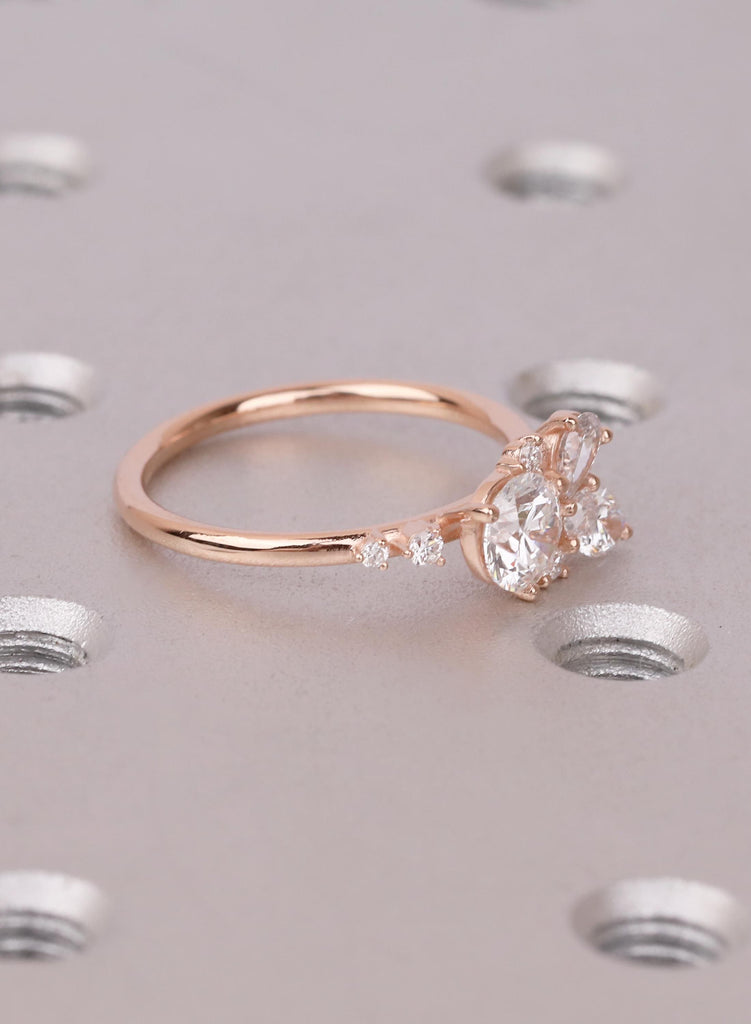 Round Pear 14K/18K Gold Cluster Engagement Ring 14k Rose Gold Leaf Bridal Ring Wedding Jewelry Nature Inspired Promise Ring Gift for Her image #4