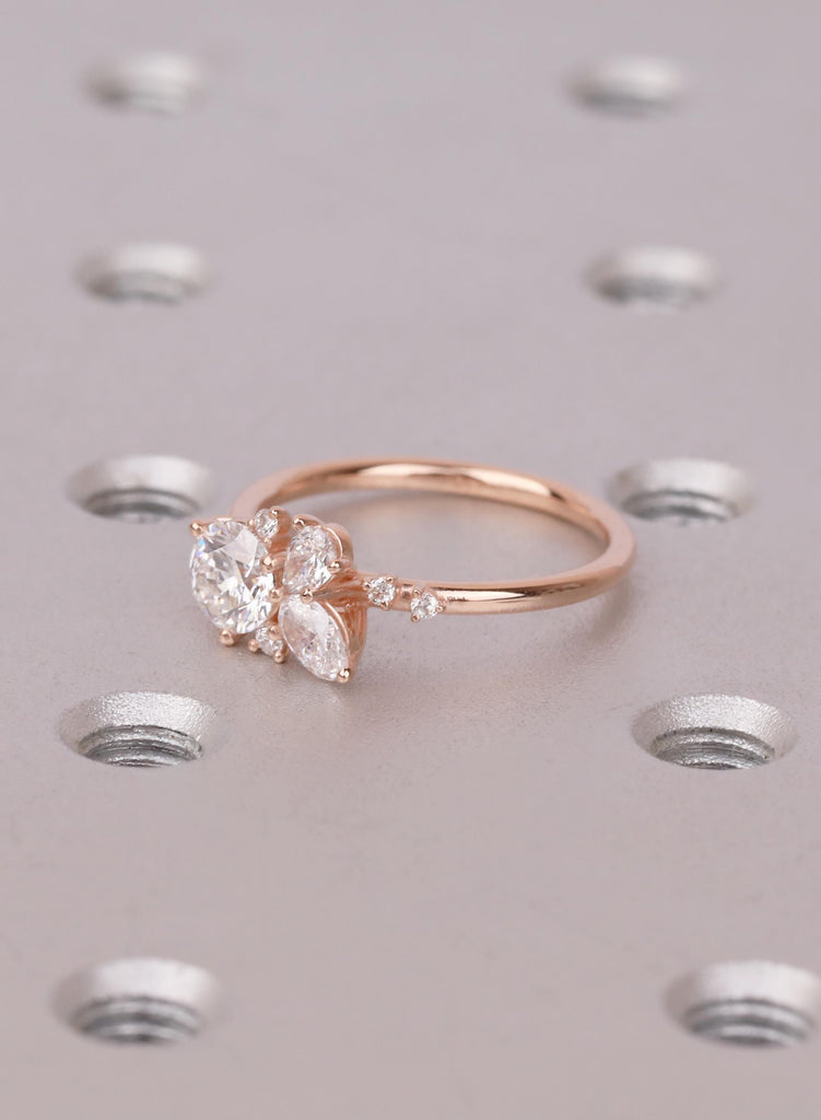 14K Gold Round Pear Cluster Engagement Ring – Nature Inspired Bridal Wedding Jewelry image #8