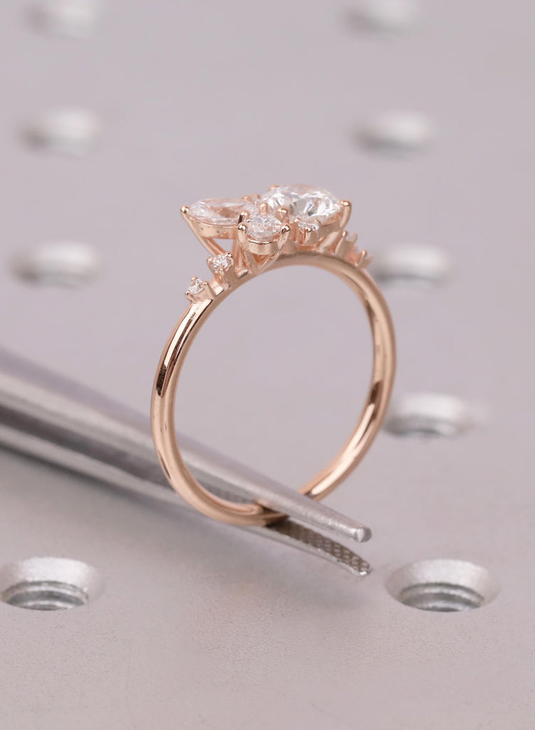 Round Pear 14K/18K Gold Cluster Engagement Ring 14k Rose Gold Leaf Bridal Ring Wedding Jewelry Nature Inspired Promise Ring Gift for Her image #12