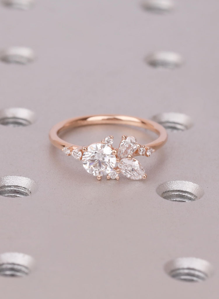 14K Gold Round Pear Cluster Engagement Ring – Nature Inspired Bridal Wedding Jewelry image #1