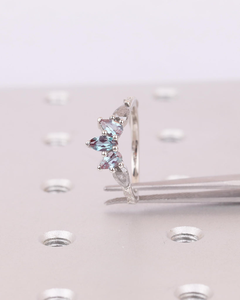 Alexandrite, Salt and Pepper Diamond Wedding Band Women, Platinum Crown Ring, Nature Jewelry image #11
