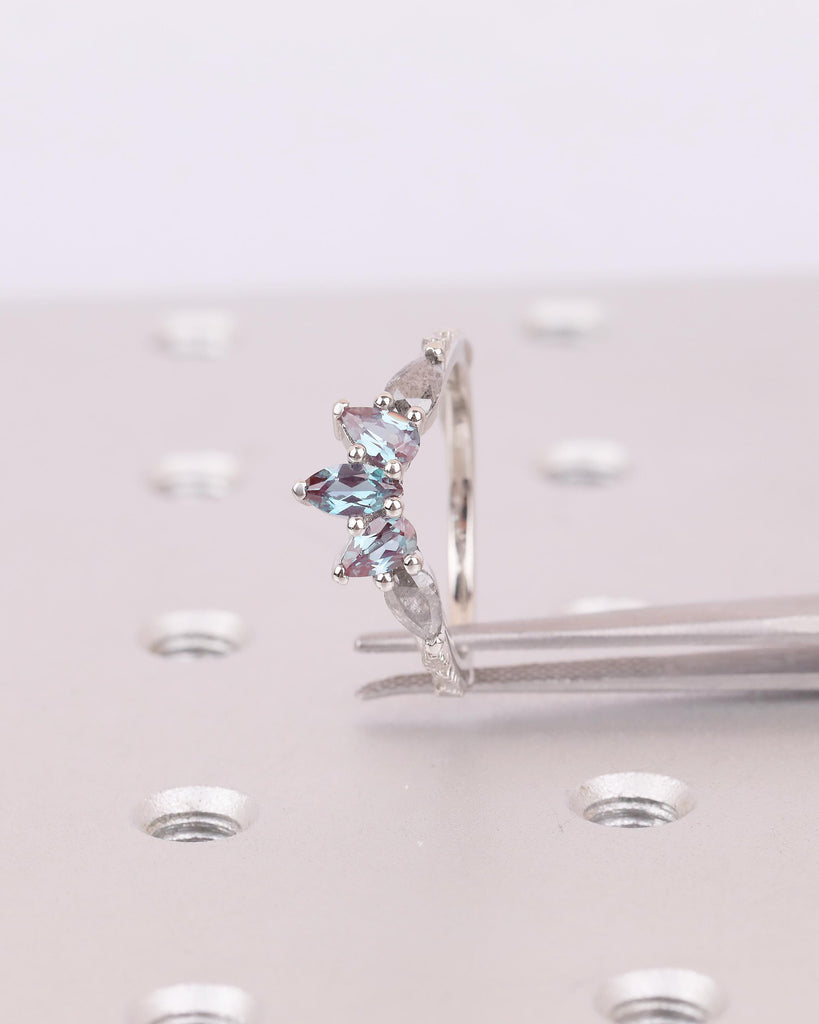 Vintage Wedding Band, Art Deco Nature Inspired Platinum Ring, Marquise Pear Cut Alexandrite Salt And Pepper Diamond Matching Rings for Women image #11