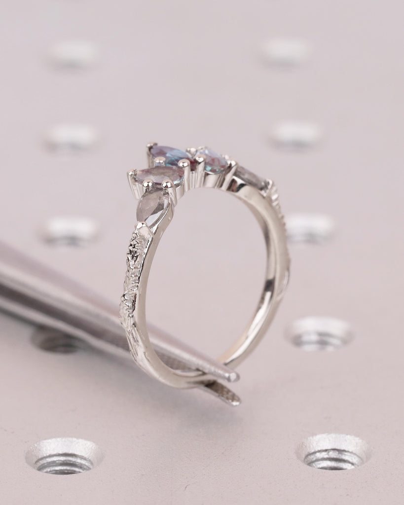 Vintage Wedding Band, Art Deco Nature Inspired Platinum Ring, Marquise Pear Cut Alexandrite Salt And Pepper Diamond Matching Rings for Women image #12