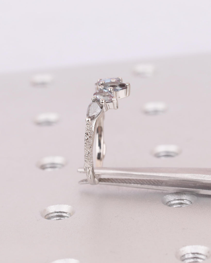 Alexandrite, Salt and Pepper Diamond Wedding Band Women, Platinum Crown Ring, Nature Jewelry image #5