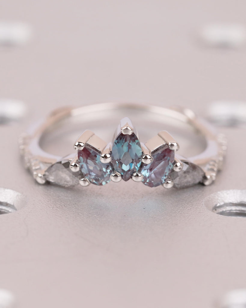 Alexandrite, Salt and Pepper Diamond Wedding Band Women, Platinum Crown Ring, Nature Jewelry image #13