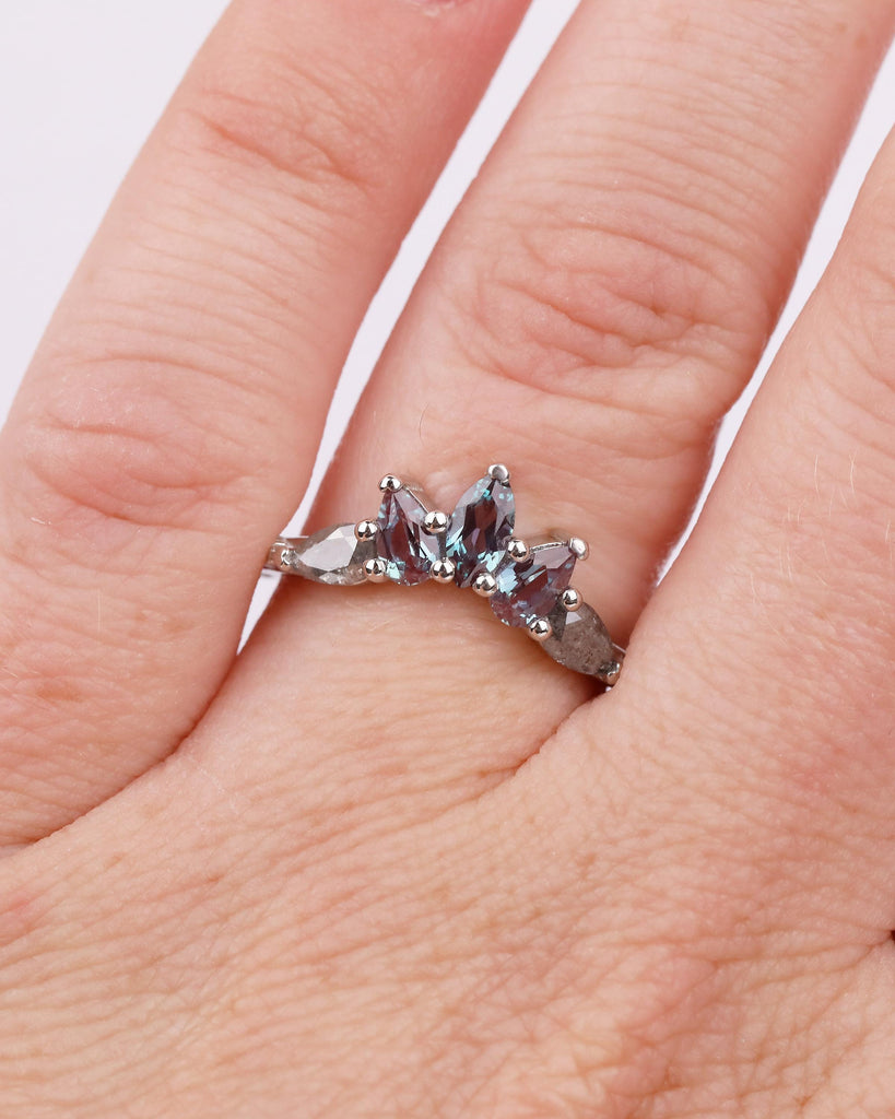 Alexandrite, Salt and Pepper Diamond Wedding Band Women, Platinum Crown Ring, Nature Jewelry image #14