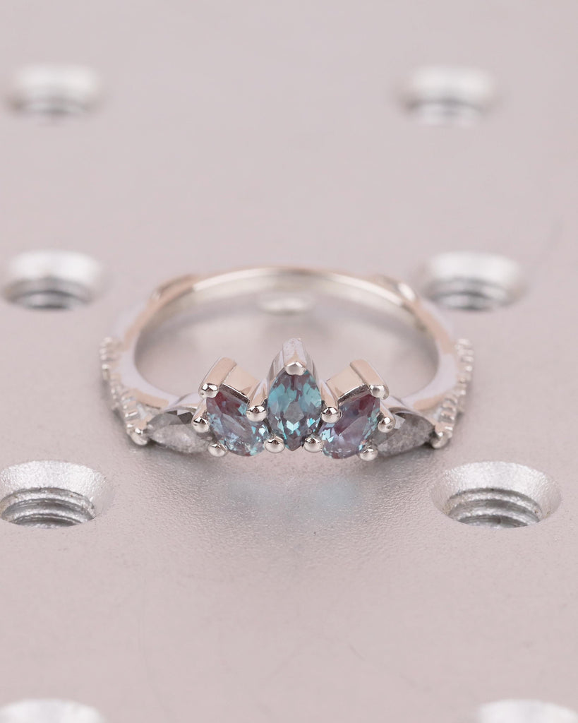 Vintage Wedding Band, Art Deco Nature Inspired Platinum Ring, Marquise Pear Cut Alexandrite Salt And Pepper Diamond Matching Rings for Women image #17