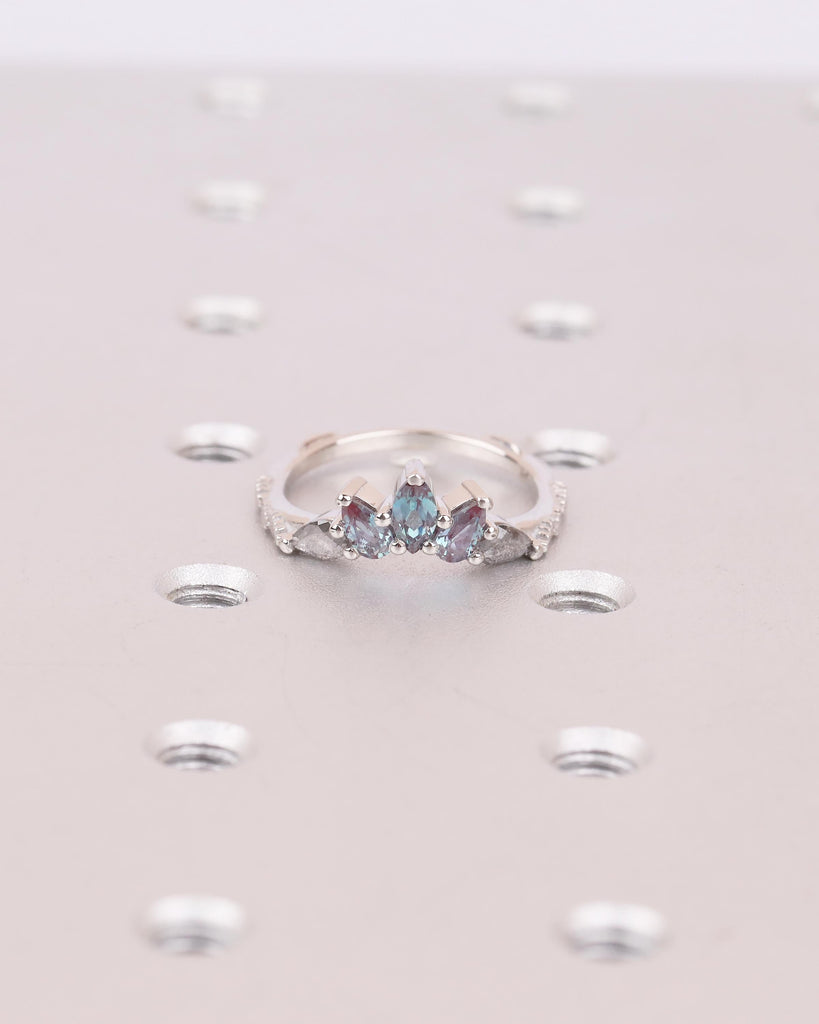 Alexandrite, Salt and Pepper Diamond Wedding Band Women, Platinum Crown Ring, Nature Jewelry image #8