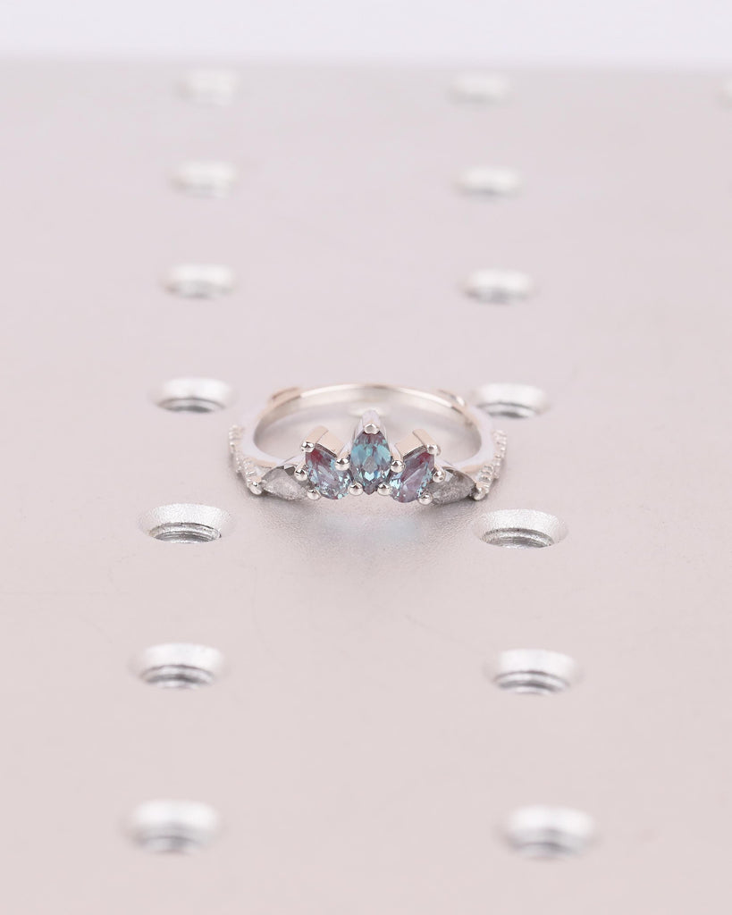 Vintage Wedding Band, Art Deco Nature Inspired Platinum Ring, Marquise Pear Cut Alexandrite Salt And Pepper Diamond Matching Rings for Women image #8