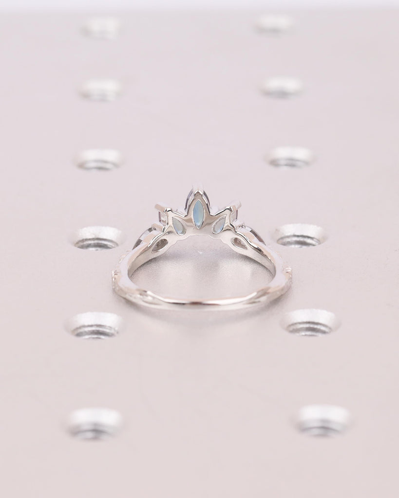 Vintage Wedding Band, Art Deco Nature Inspired Platinum Ring, Marquise Pear Cut Alexandrite Salt And Pepper Diamond Matching Rings for Women image #6