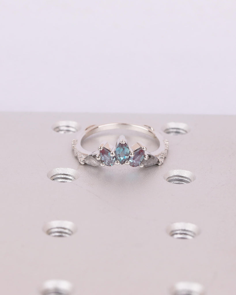 Alexandrite, Salt and Pepper Diamond Wedding Band Women, Platinum Crown Ring, Nature Jewelry image #2