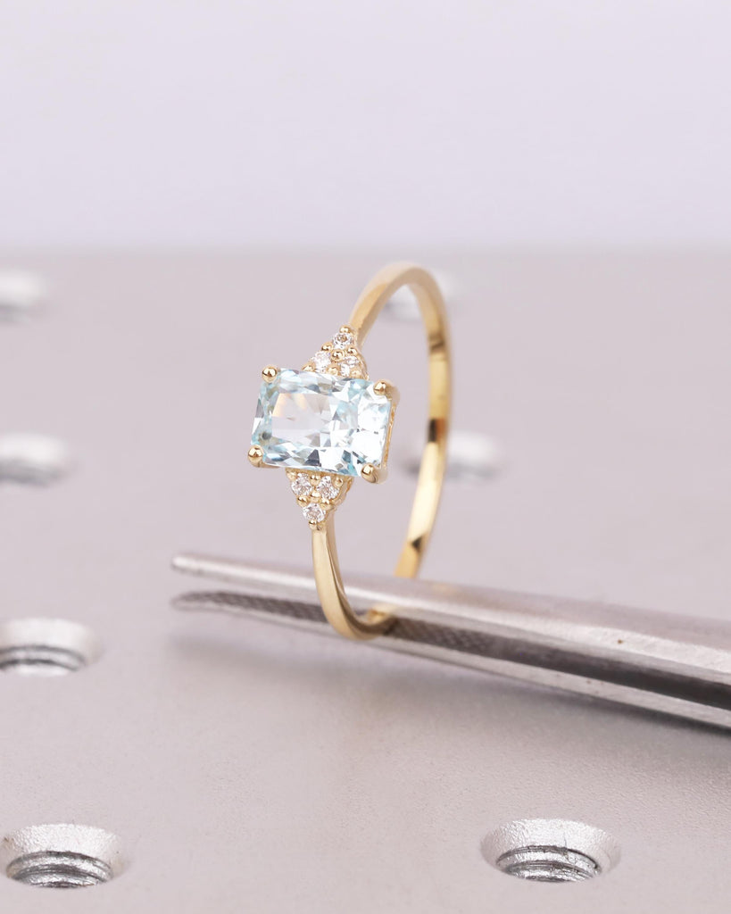 Aquamarine Ring, Radiant Cut Engagement Ring, Moissanite or Diamond Cluster Ring, Blue Gemstone Ring, March Birthstone, 18k Gold, Art Deco image #7