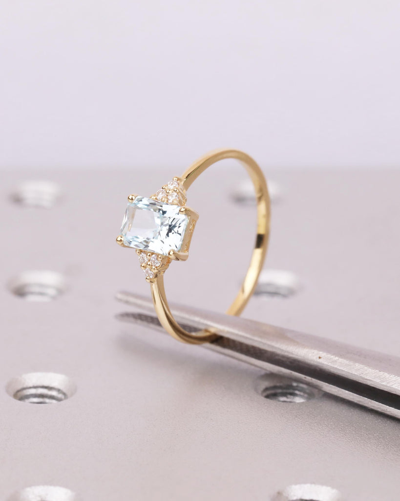 Aquamarine Ring, Radiant Cut Engagement Ring, Moissanite or Diamond Cluster Ring, Blue Gemstone Ring, March Birthstone, 18k Gold, Art Deco image #8