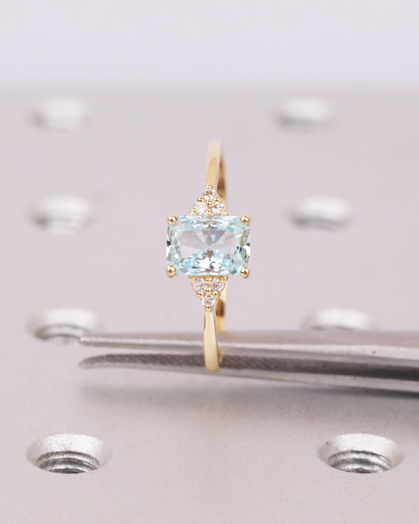 Aquamarine Ring, Radiant Cut Engagement Ring, Moissanite or Diamond Cluster Ring, Blue Gemstone Ring, March Birthstone, 18k Gold, Art Deco image #6
