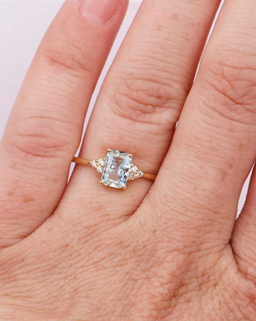 Aquamarine Ring, Radiant Cut Engagement Ring, Moissanite or Diamond Cluster Ring, Blue Gemstone Ring, March Birthstone, 18k Gold, Art Deco image #2