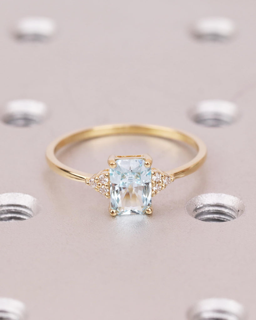 Aquamarine Ring, Radiant Cut Engagement Ring, Moissanite or Diamond Cluster Ring, Blue Gemstone Ring, March Birthstone, 18k Gold, Art Deco image #3