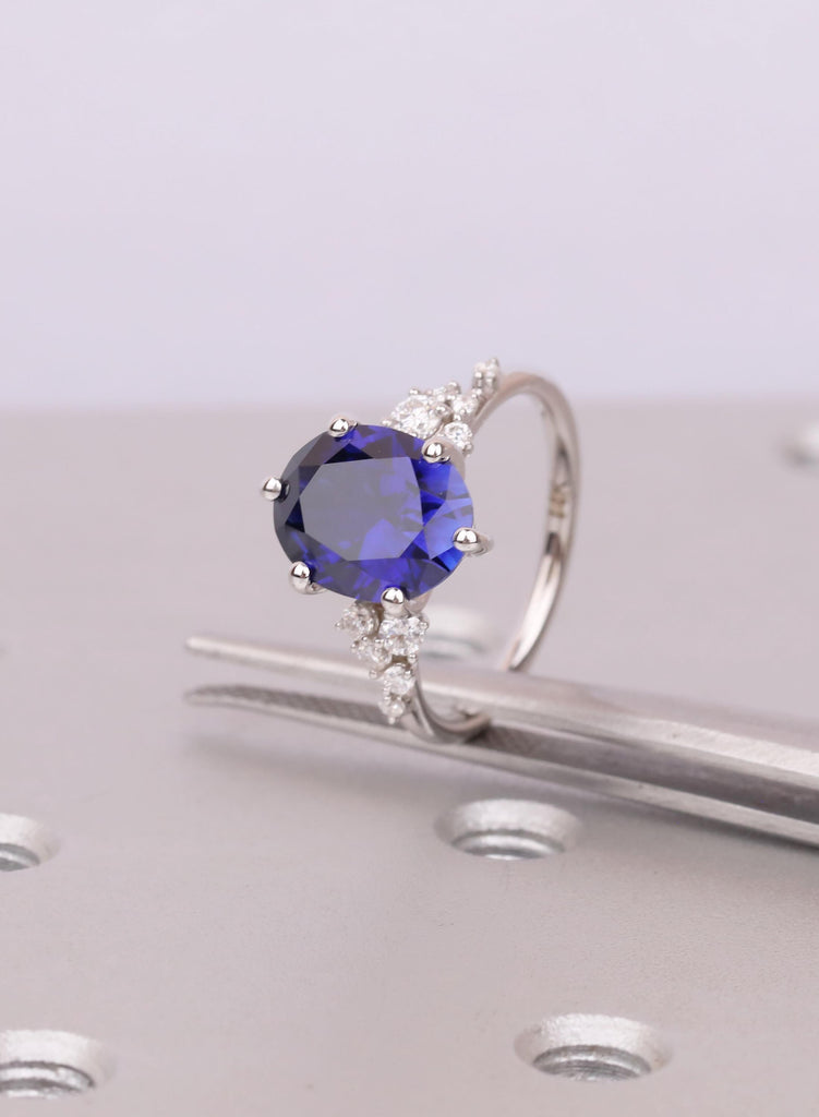 Oval Lab Sapphire Engagement Ring: Snowdrift Diamonds, 14K White Gold, September Birthstone