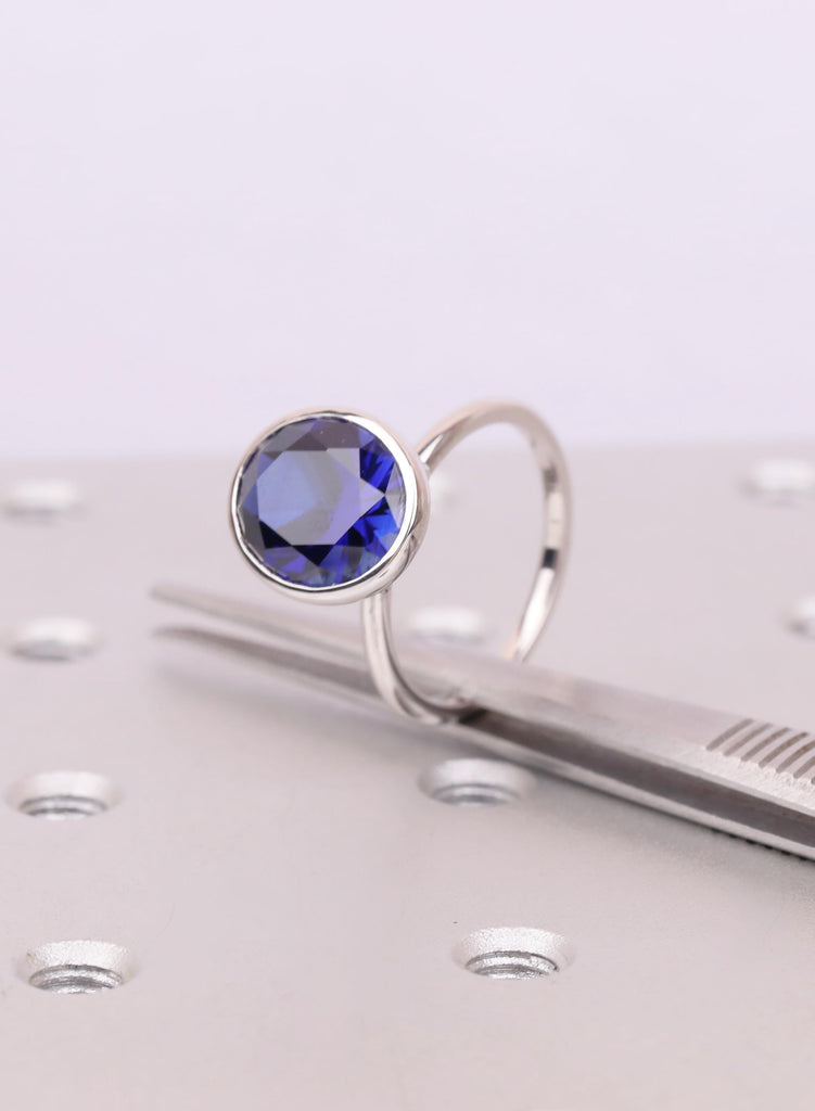 Art Deco Sapphire Engagement Ring, Bezel Set 18K White Gold, Dainty Minimalist Wedding Ring, Oval Lab Created Sapphire, September Birthstone